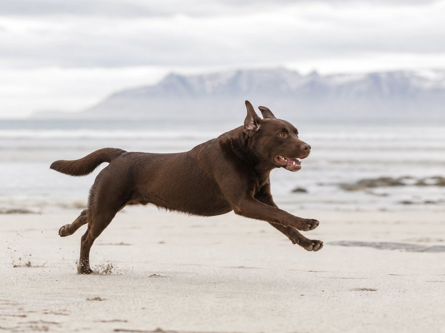 Labrador i fuld bevægelse på stranden