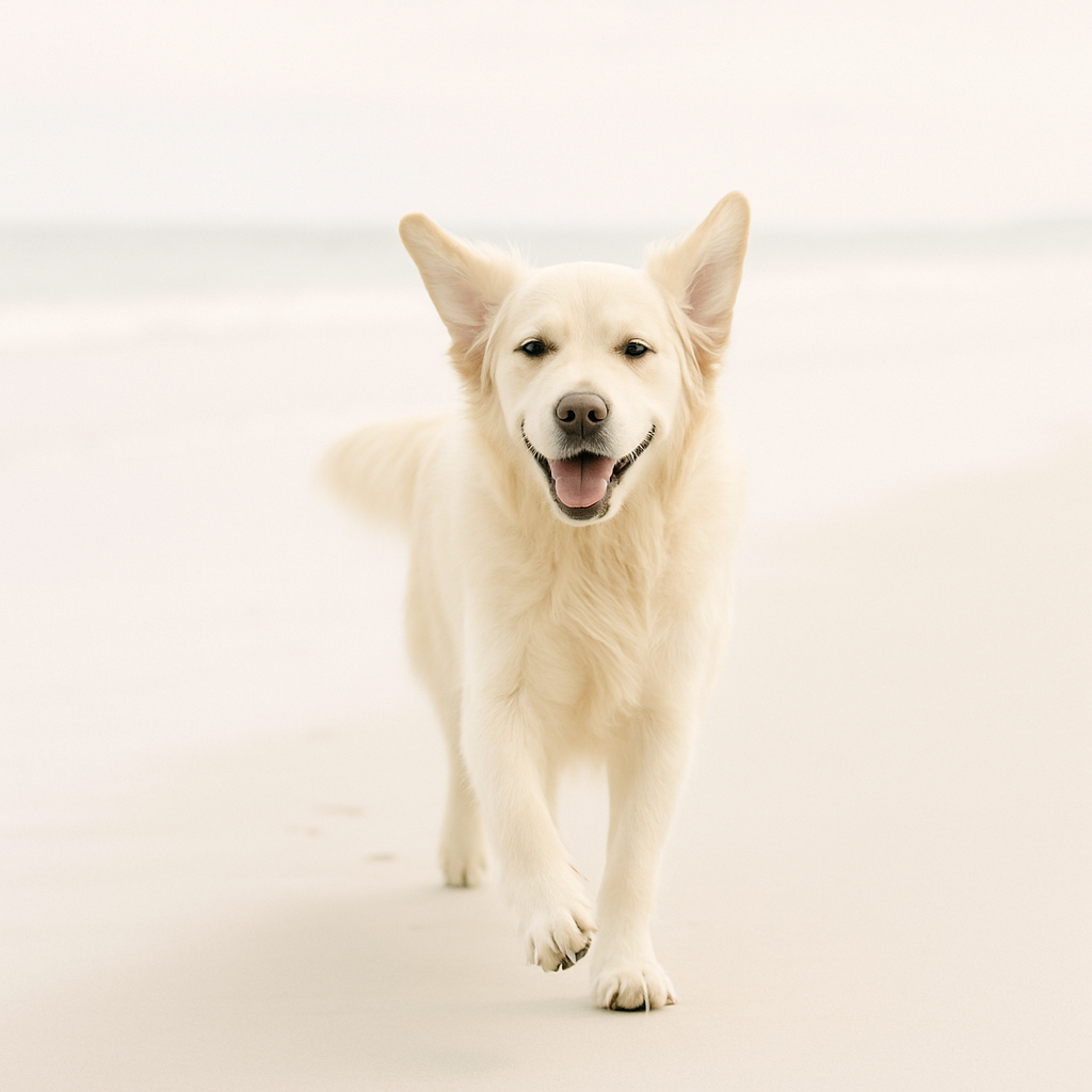 Golden retriever i løb på stranden