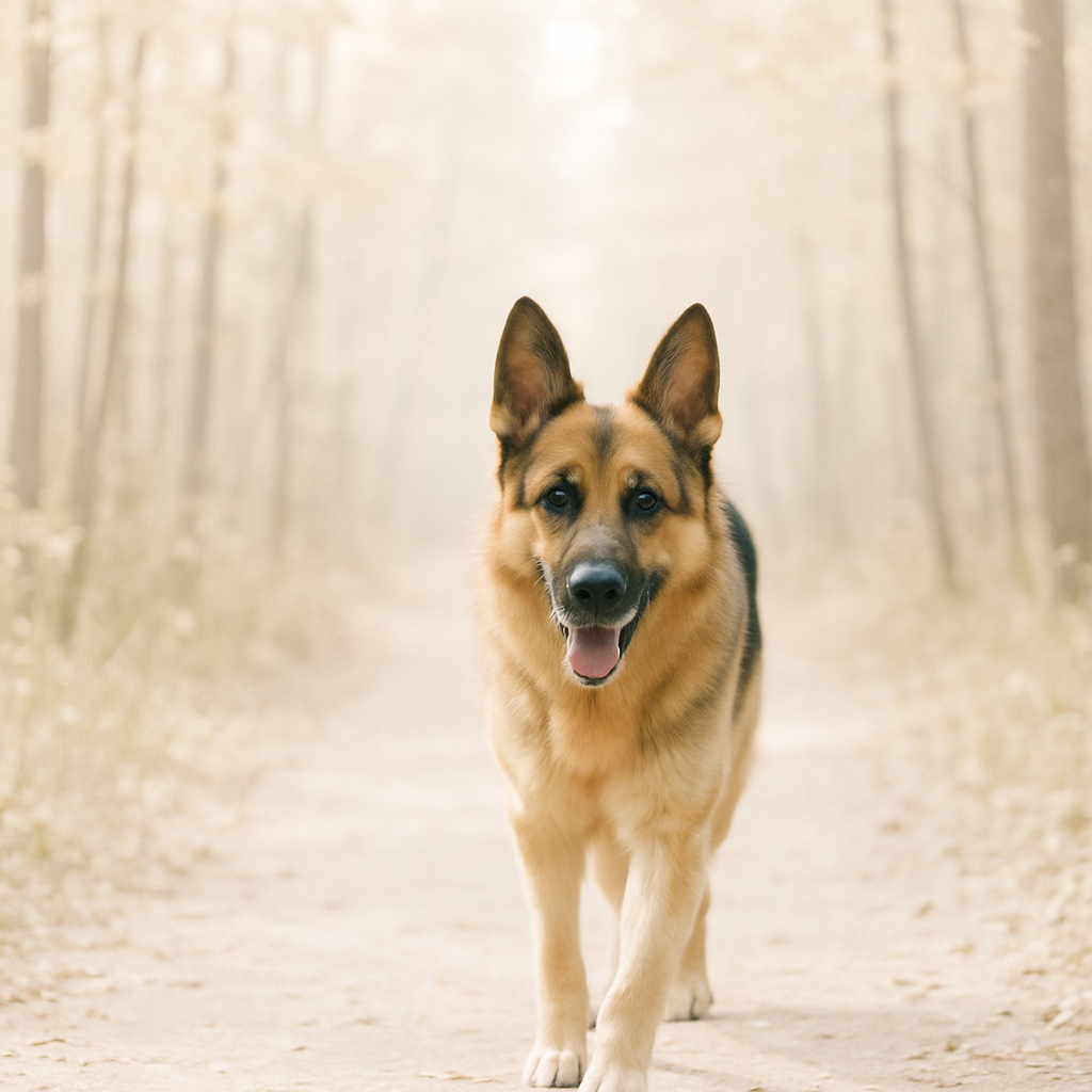 Schæferhund på skovsti