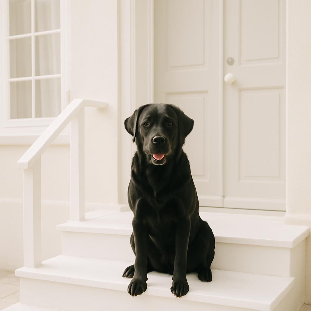 Sort labrador på en trappe